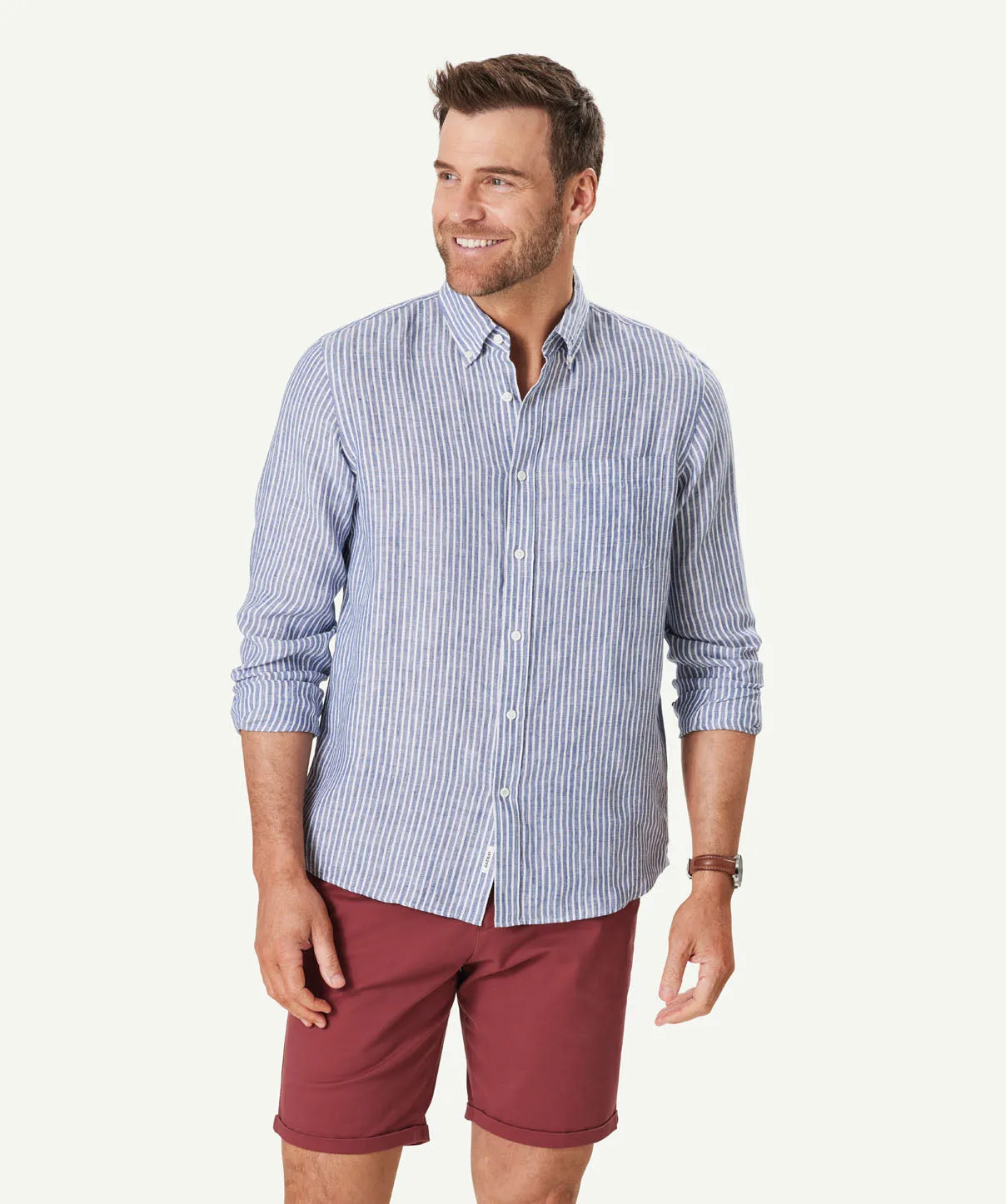 Pure French Linen Stripe Long Sleeve Shirt - Navy sold by GAZMAN