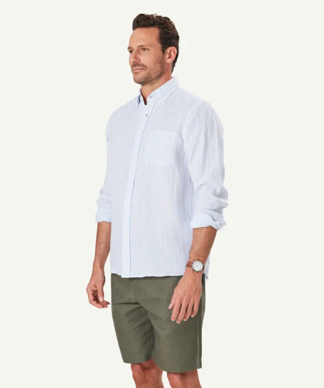Pure French Linen Stripe Long Sleeve Shirt - Sky Blue sold by GAZMAN