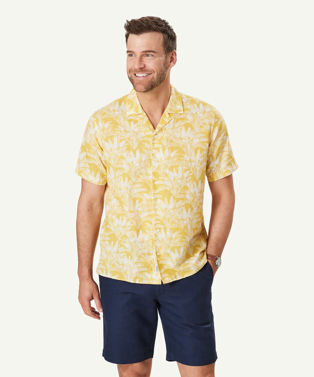 Linen Blend Palm Tree Print Short Sleeve Shirt - Golden Yellow sold by GAZMAN product image thumbnail 3