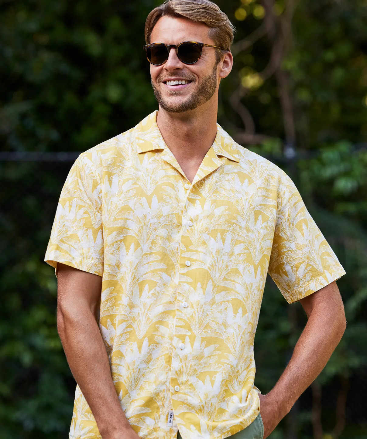 Linen Blend Palm Tree Print Short Sleeve Shirt - Golden Yellow sold by GAZMAN