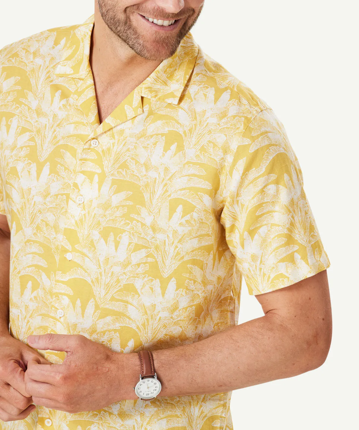 Linen Blend Palm Tree Print Short Sleeve Shirt - Golden Yellow sold by GAZMAN product image thumbnail 5