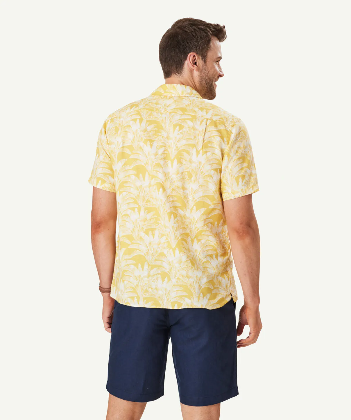 Linen Blend Palm Tree Print Short Sleeve Shirt - Golden Yellow sold by GAZMAN product image thumbnail 4