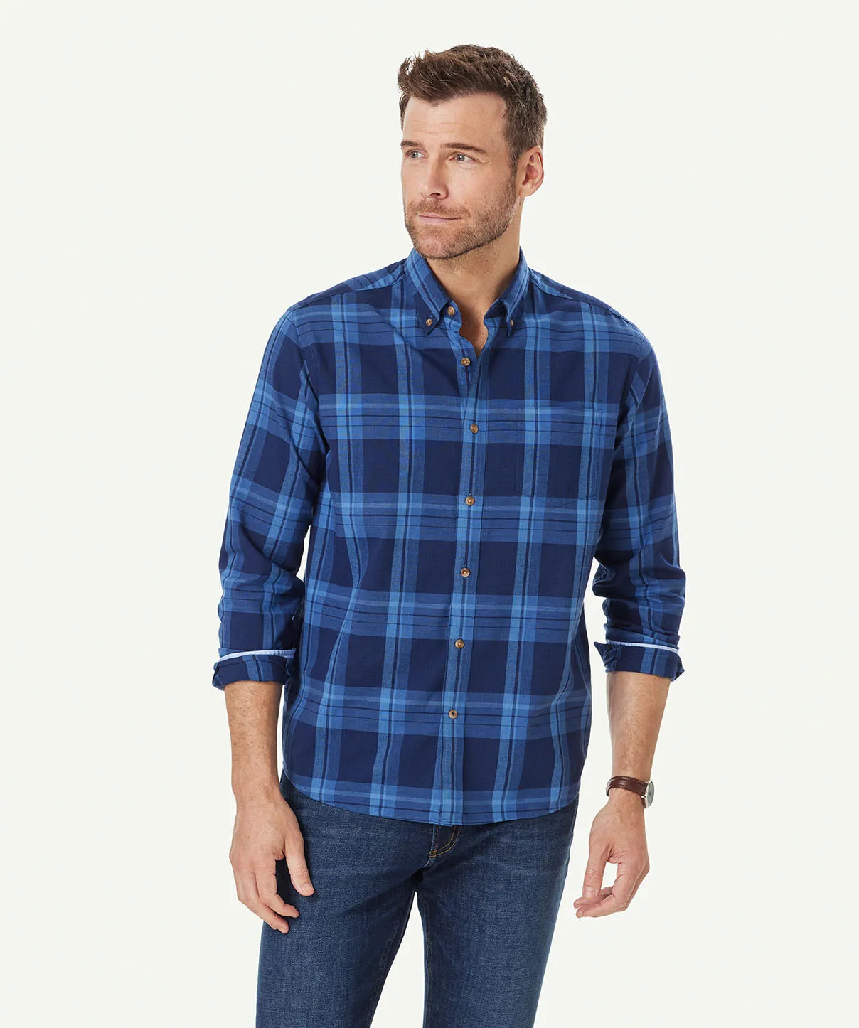 Casual Indigo Slub Check Long Sleeve Shirt - Navy sold by GAZMAN