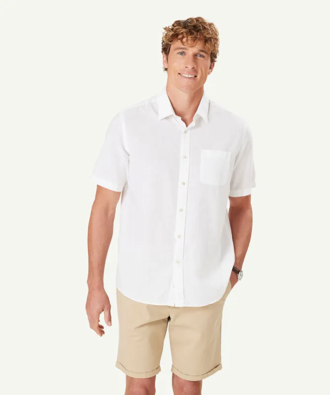 Linen Blend Plain Short Sleeve Shirt - White sold by GAZMAN