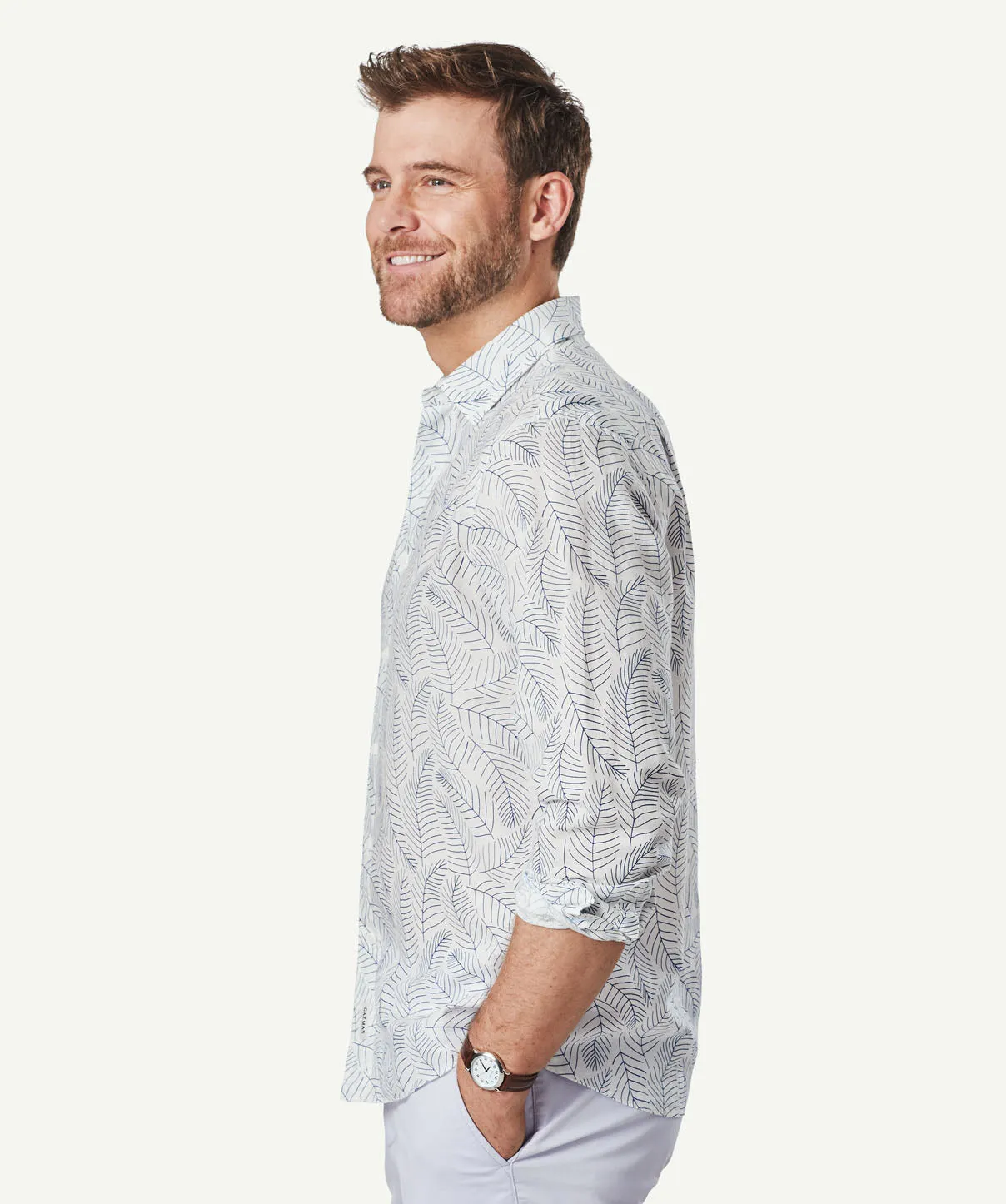 Linen Blend Fern Print Long Sleeve Shirt - White sold by GAZMAN product image thumbnail 5