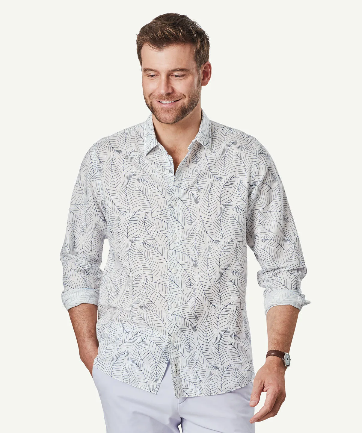 Linen Blend Fern Print Long Sleeve Shirt - White sold by GAZMAN