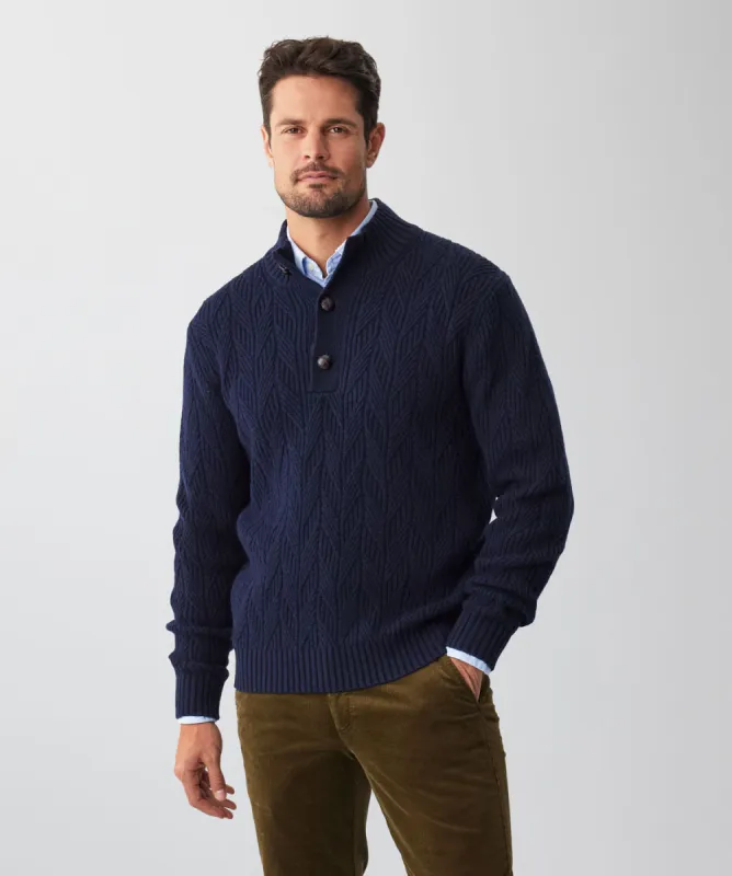 Wool Blend Cable Button Neck Knit - Navy sold by GAZMAN