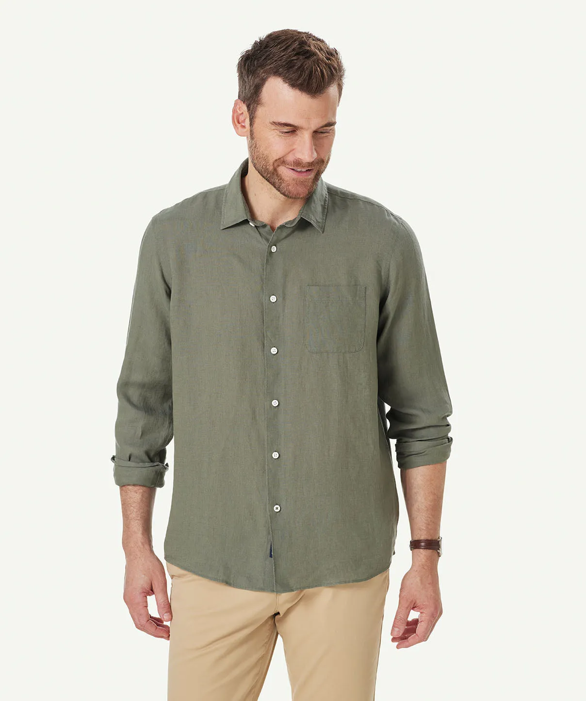 Pure French Linen Long Sleeve Shirt - Olive sold by GAZMAN