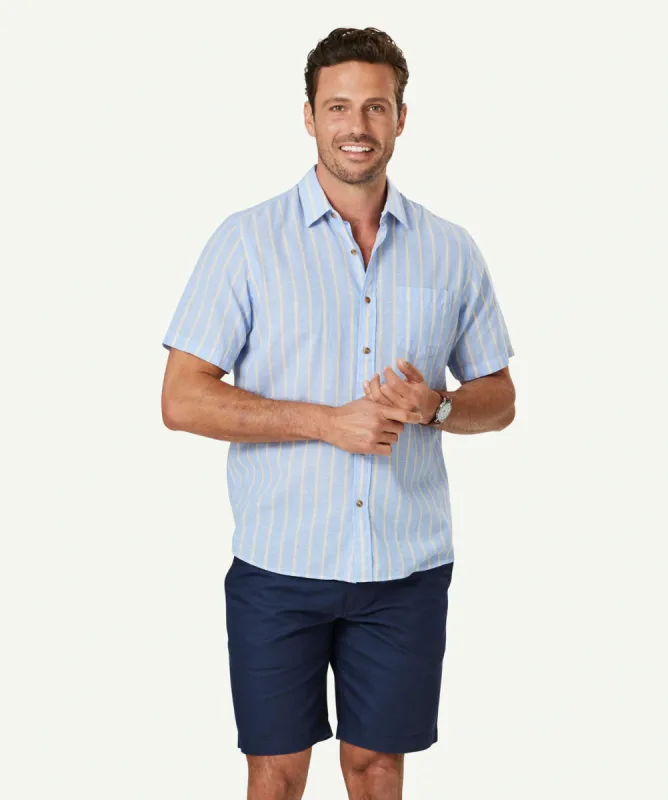 Linen Blend Stripe Short Sleeve Shirt - Blue sold by GAZMAN