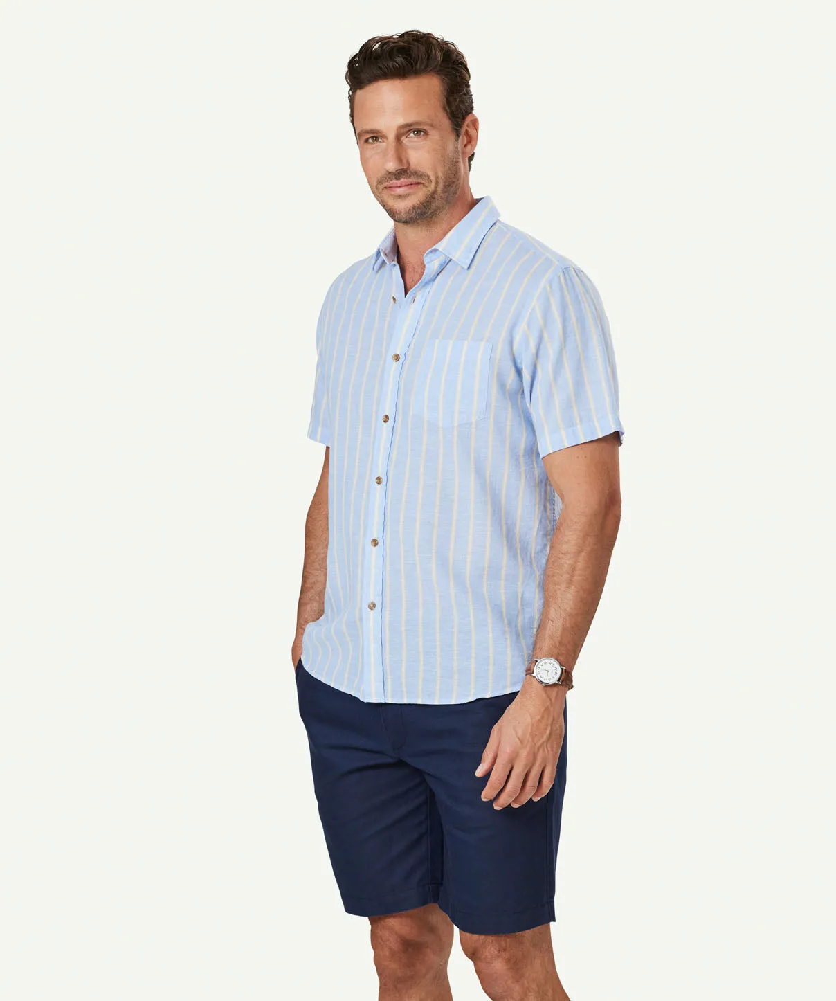 Linen Blend Stripe Short Sleeve Shirt - Blue sold by GAZMAN product image thumbnail 5