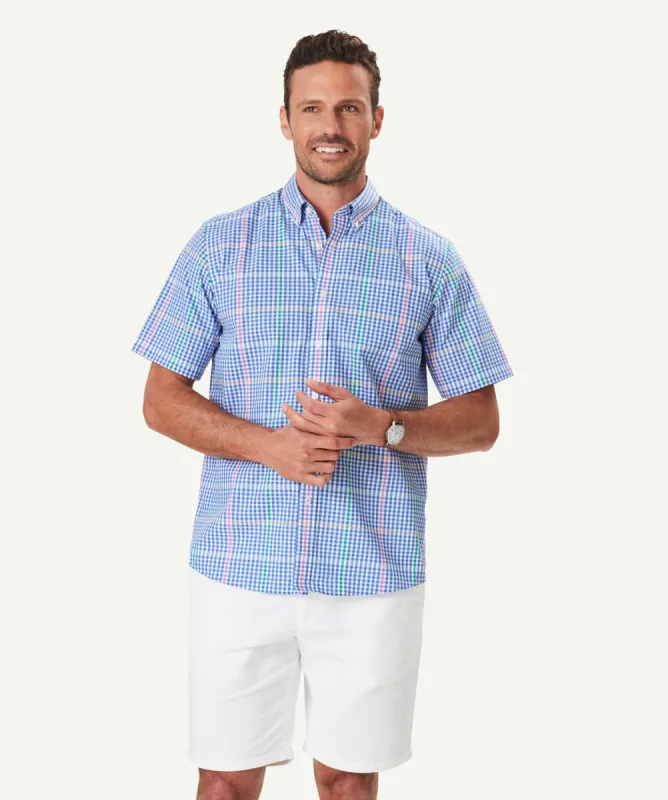 Easy Care Multi Check Short Sleeve Shirt - Dark Blue sold by GAZMAN
