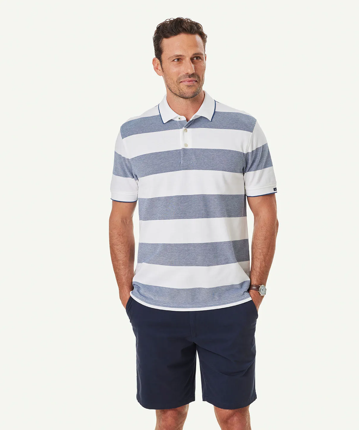 Oxford Block Stripe Polo - Navy sold by GAZMAN