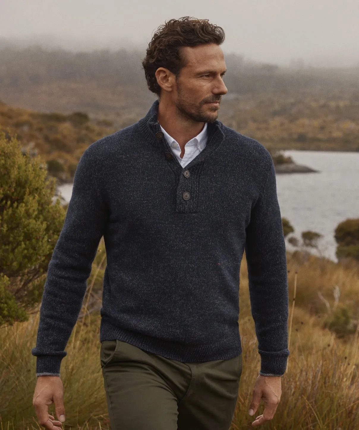 Wool Blend Button Neck Knit - Navy sold by GAZMAN product image thumbnail 2