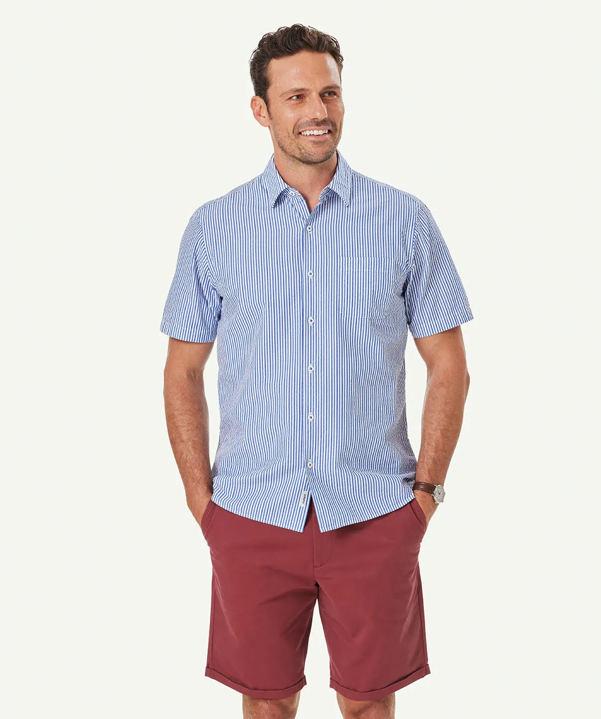 Casual Seersucker Stripe Short Sleeve Shirt - Blue sold by GAZMAN