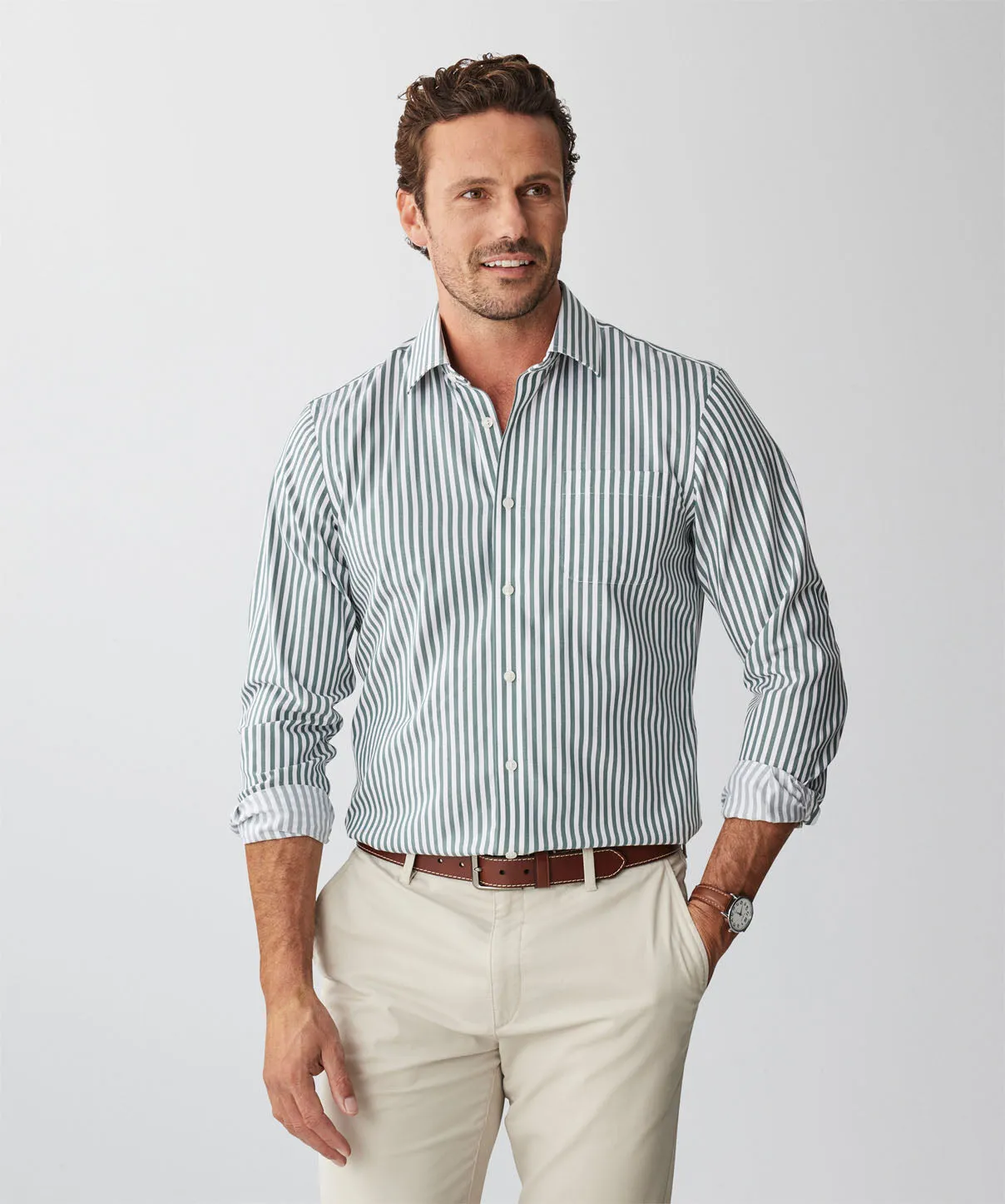 Tailored Non-Iron Twill Stripe Long Sleeve Shirt - Forest sold by GAZMAN