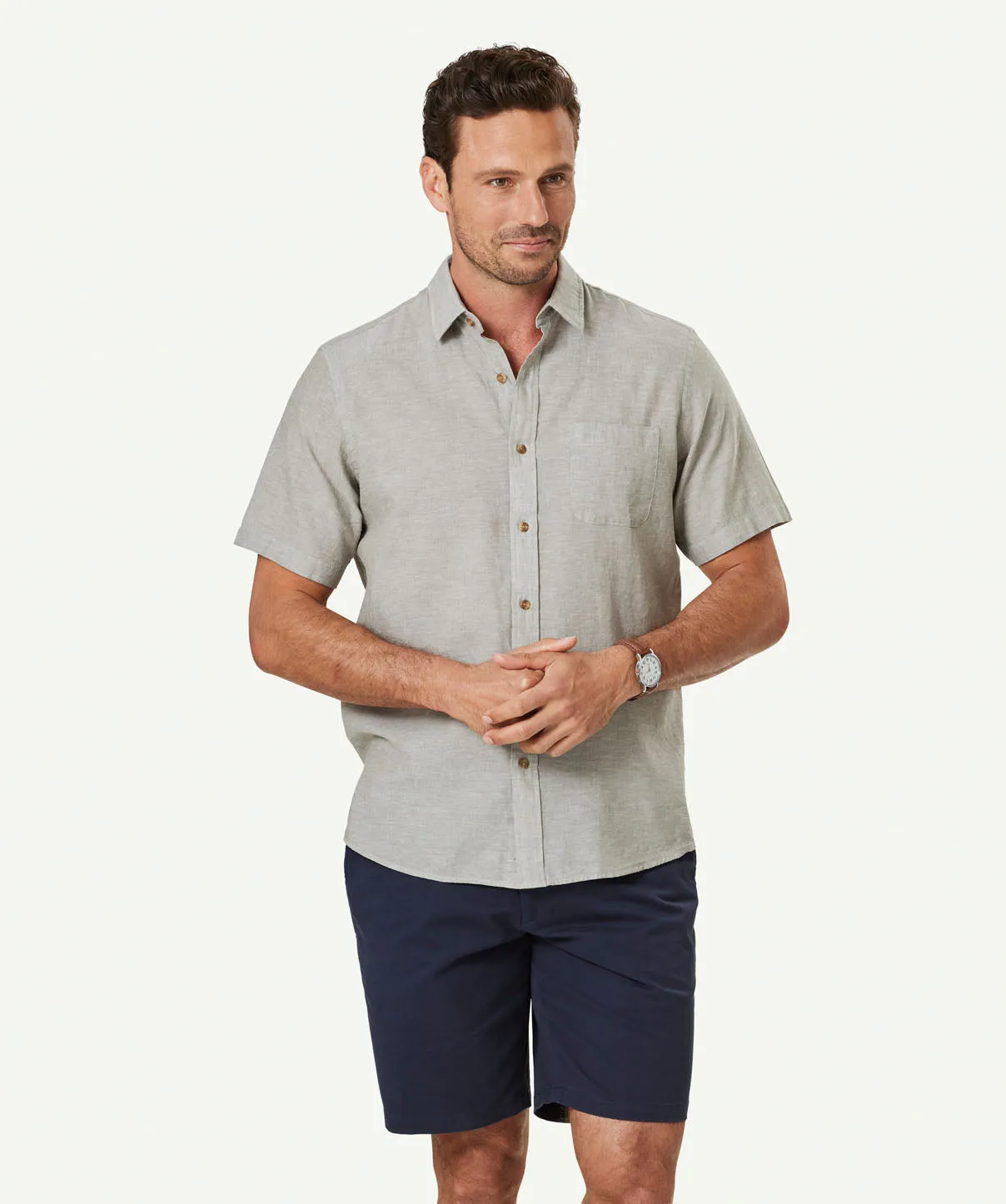 Linen Blend Plain Short Sleeve Shirt - Khaki sold by GAZMAN
