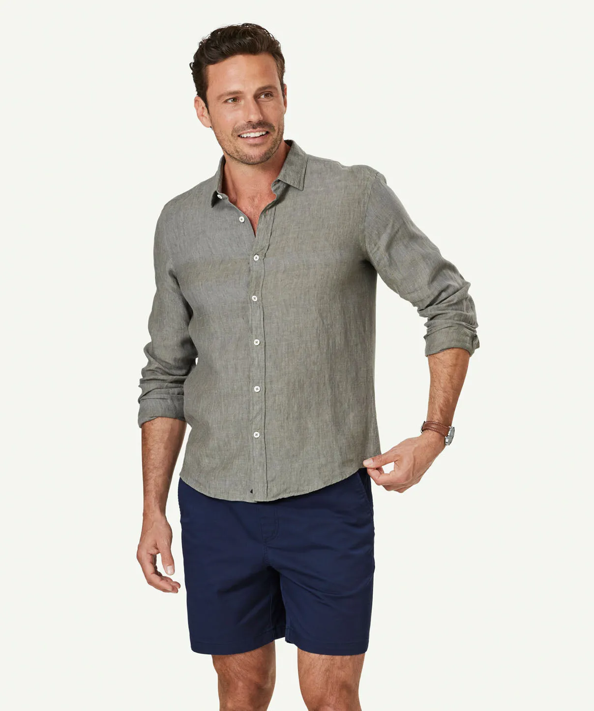 Tailored Pure French Linen Long Sleeve Shirt - Khaki sold by GAZMAN