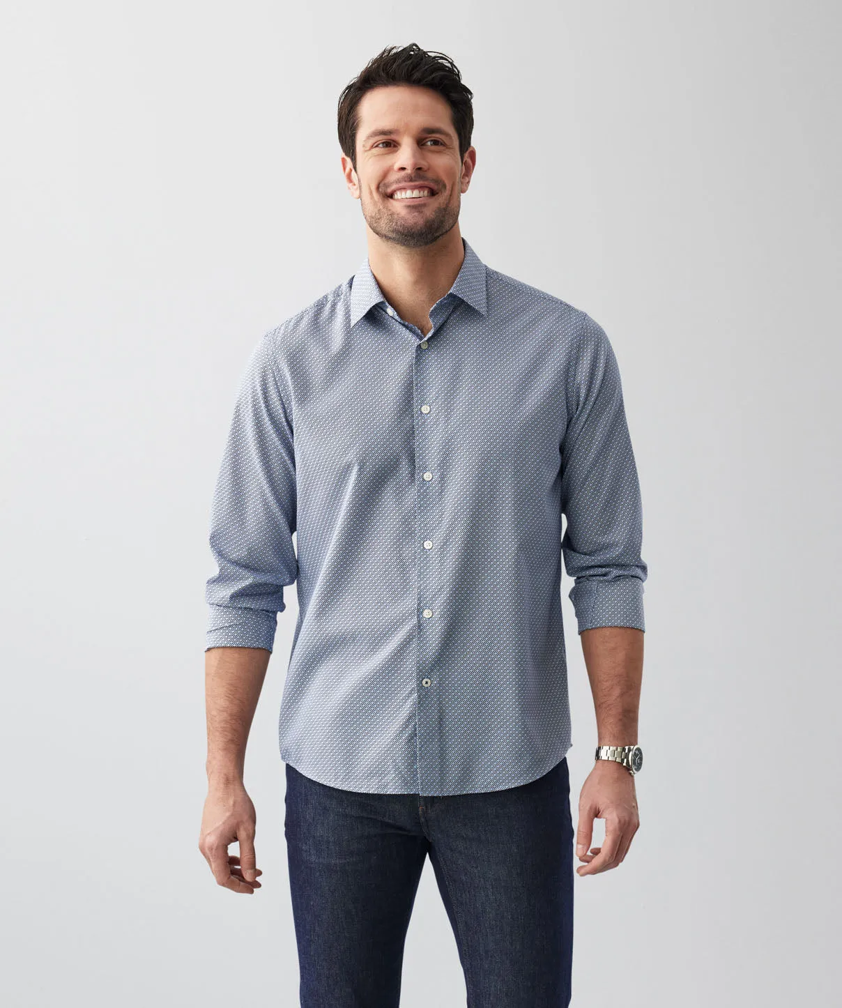 Easy Care Geo Print Long Sleeve Shirt - Navy sold by GAZMAN