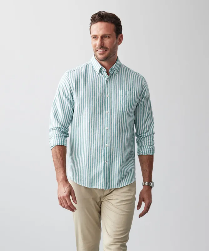 Casual Linen Blend Stripe Long Sleeve Shirt - Green sold by GAZMAN