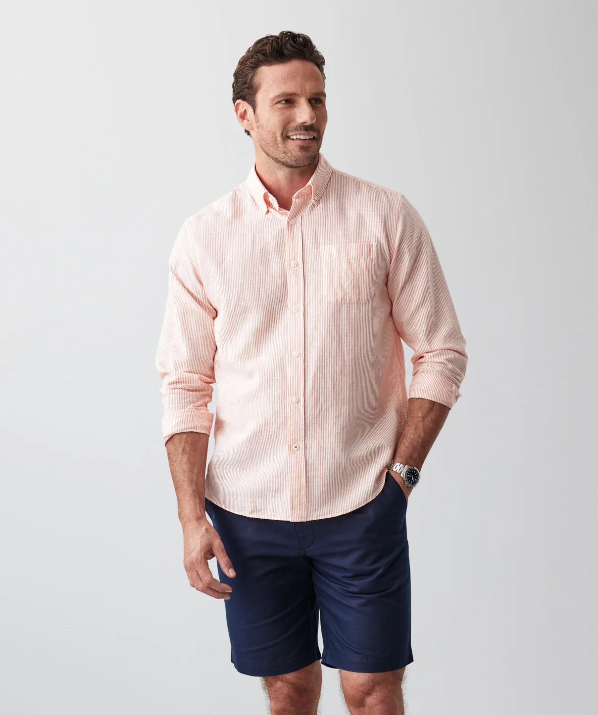 Casual Linen Blend Fine Stripe Long Sleeve Shirt - Orange sold by GAZMAN