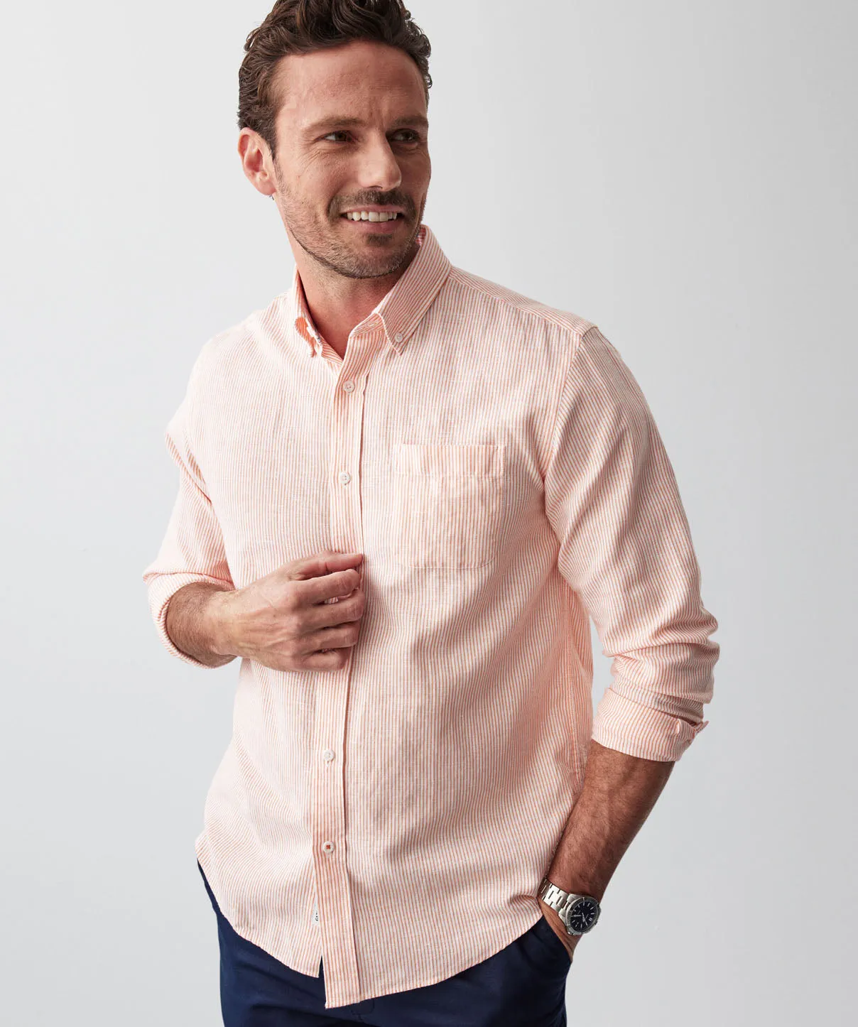 Casual Linen Blend Fine Stripe Long Sleeve Shirt - Orange sold by GAZMAN product image thumbnail 4
