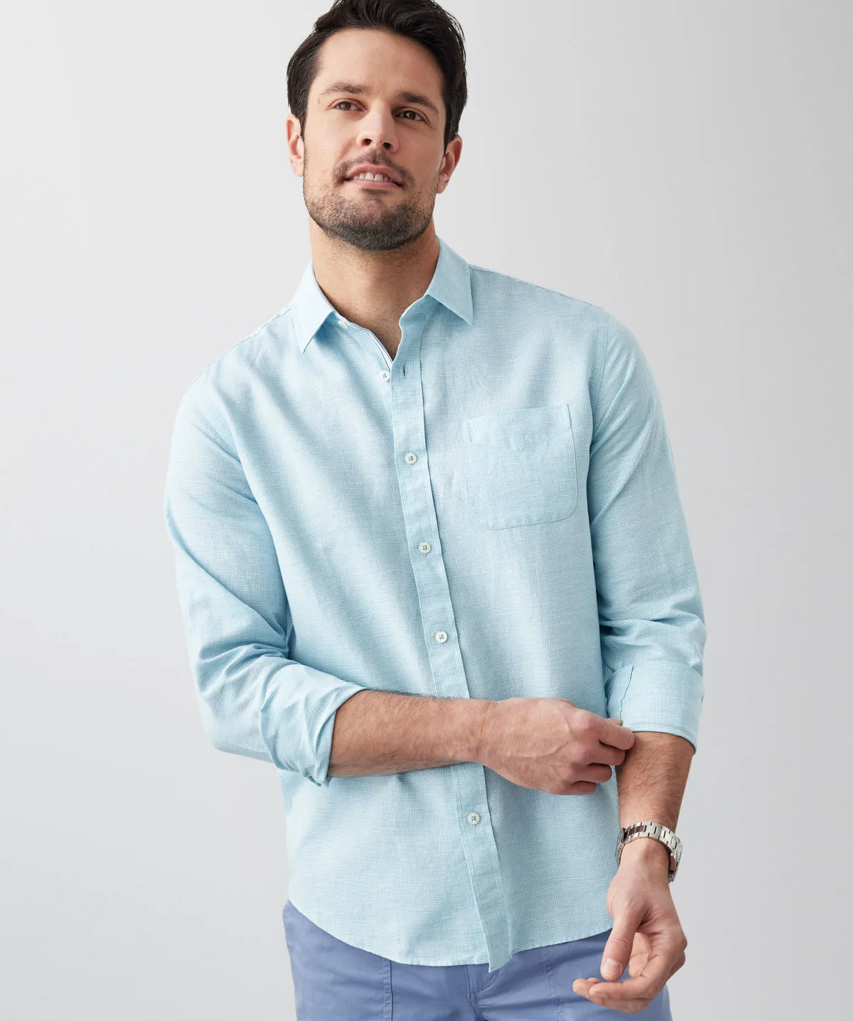 Linen Blend Houndstooth Long Sleeve Shirt - Aqua sold by GAZMAN product image thumbnail 4