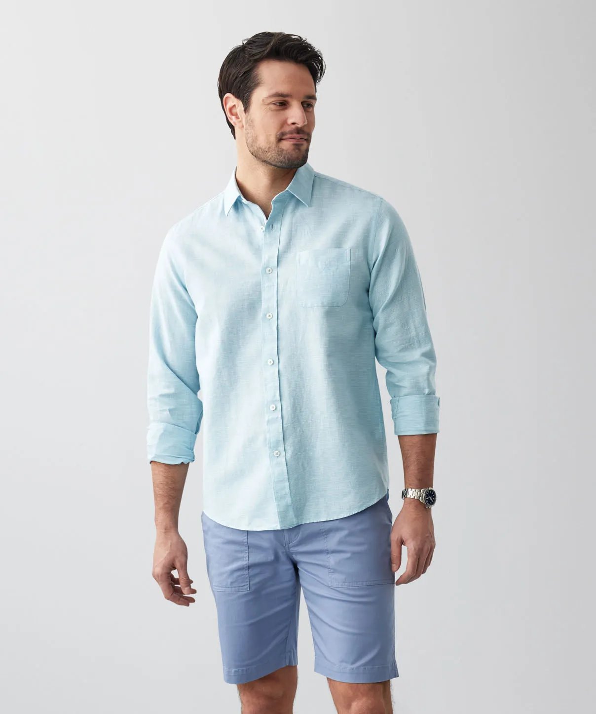 Linen Blend Houndstooth Long Sleeve Shirt - Aqua sold by GAZMAN