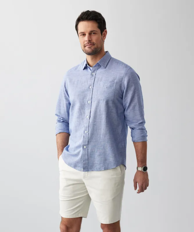 Linen Blend Houndstooth Long Sleeve Shirt - Navy sold by GAZMAN