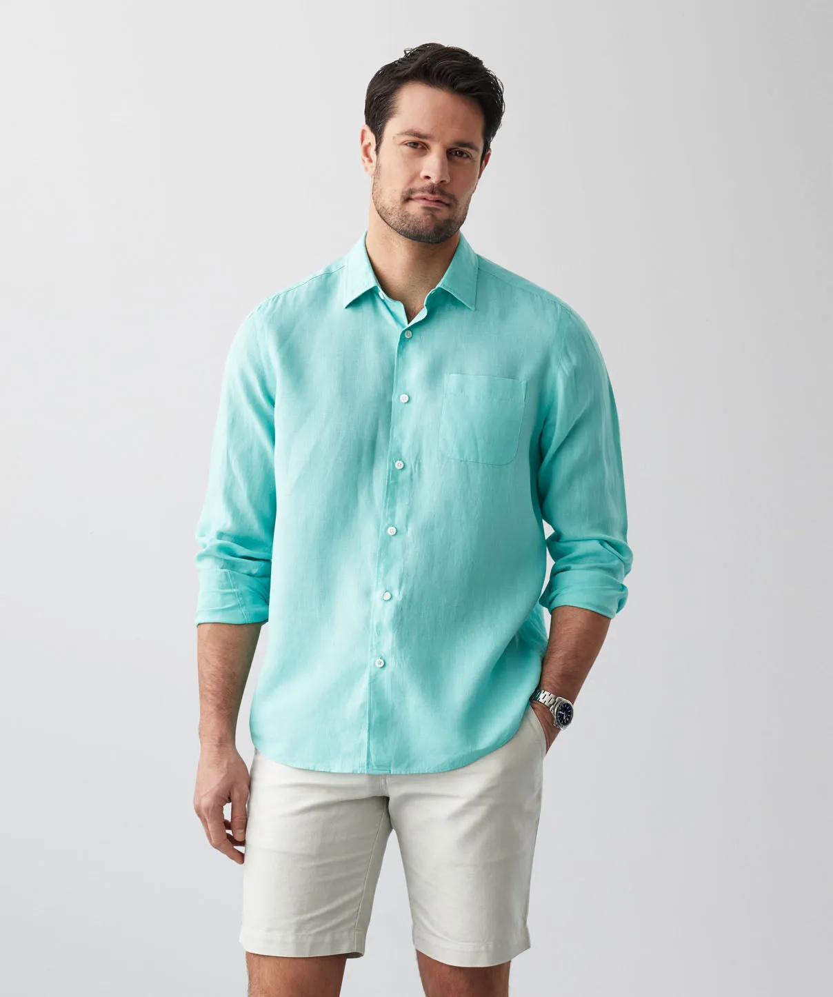 Pure French Linen Long Sleeve Shirt - Aqua sold by GAZMAN