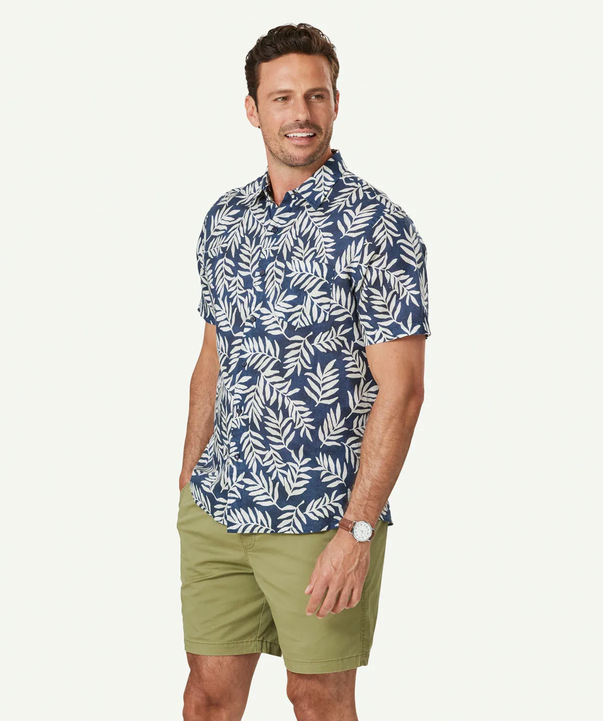 Linen Blend Leaf Print Short Sleeve Shirt - Navy sold by GAZMAN product image thumbnail 5