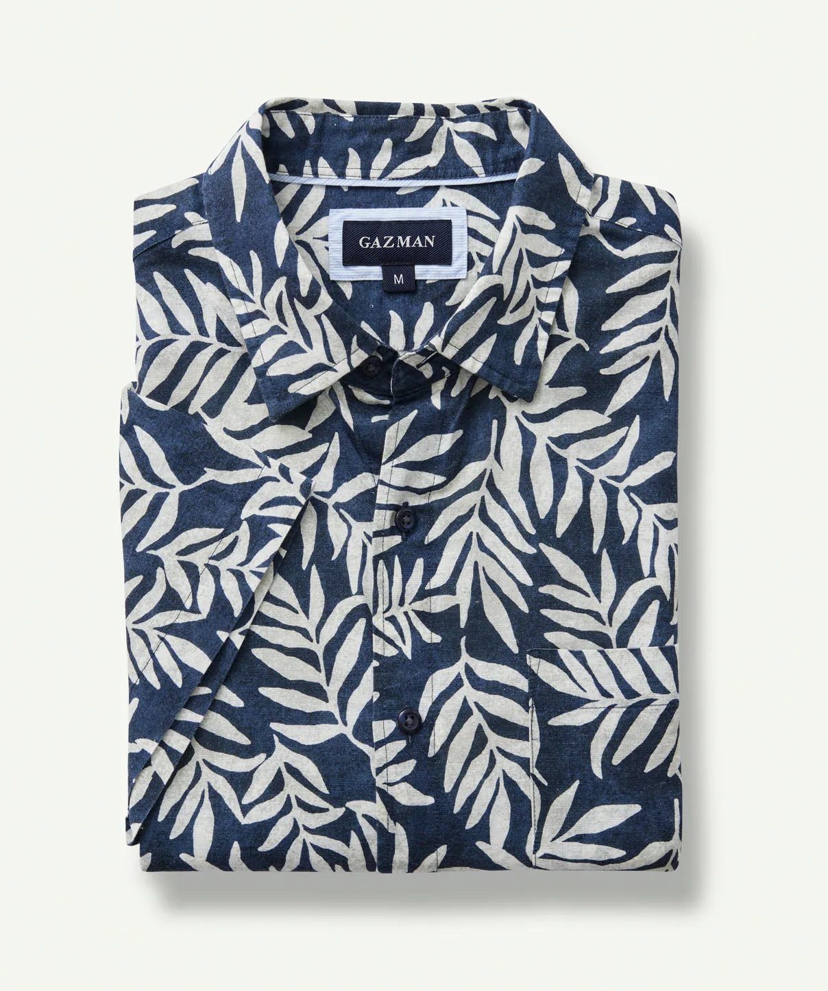 Linen Blend Leaf Print Short Sleeve Shirt - Navy sold by GAZMAN product image thumbnail 2