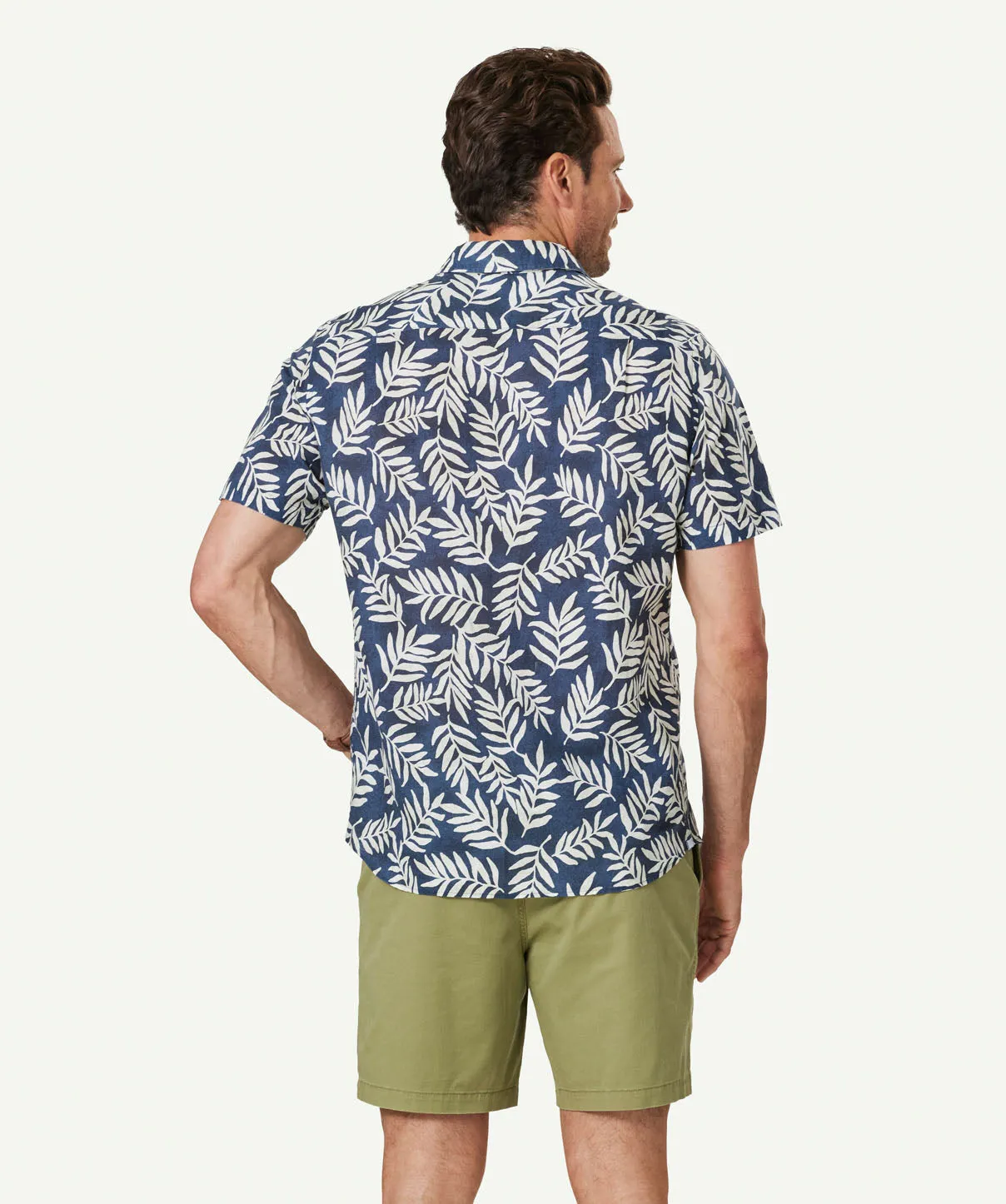 Linen Blend Leaf Print Short Sleeve Shirt - Navy sold by GAZMAN product image thumbnail 3
