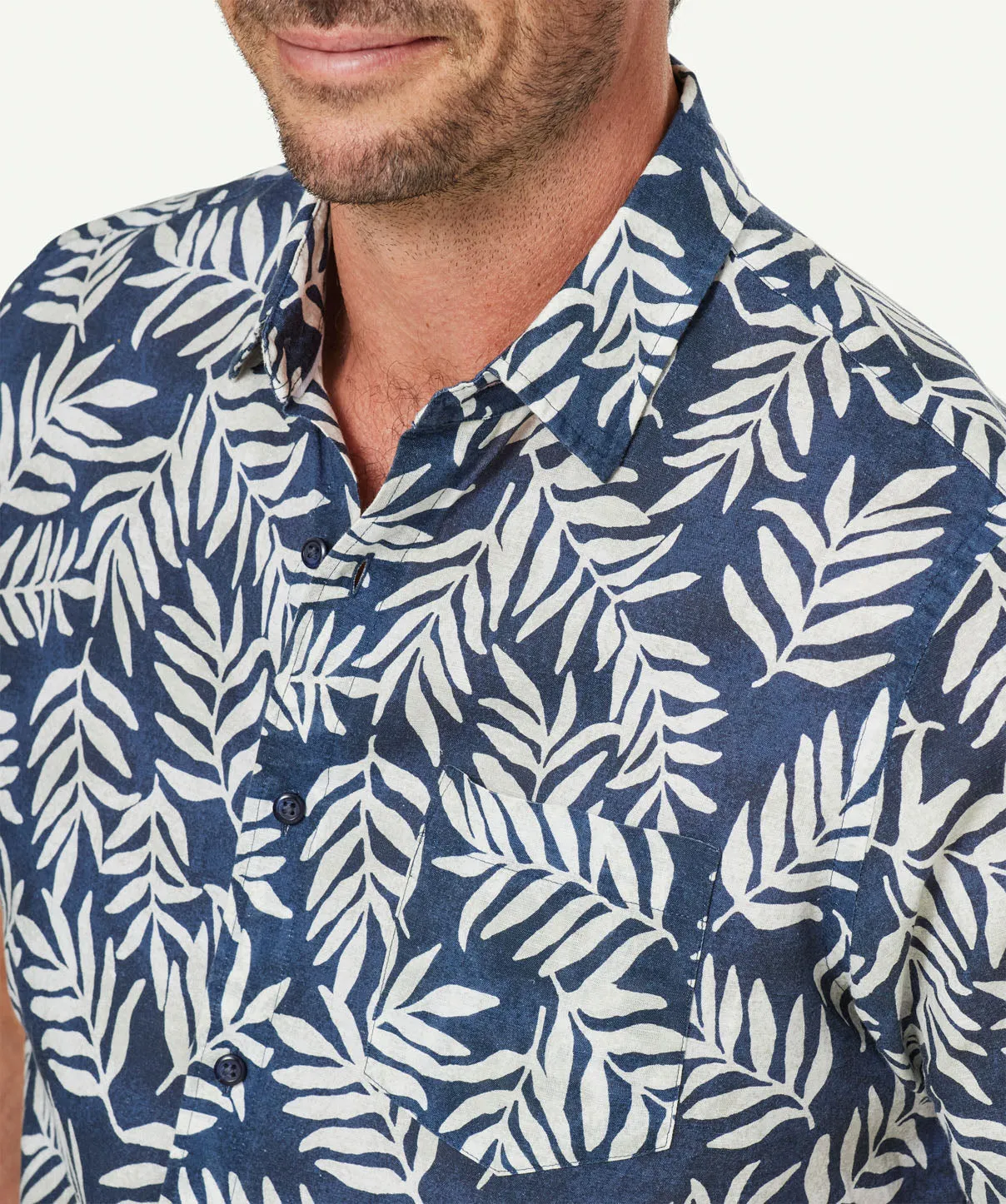Linen Blend Leaf Print Short Sleeve Shirt - Navy sold by GAZMAN product image thumbnail 4