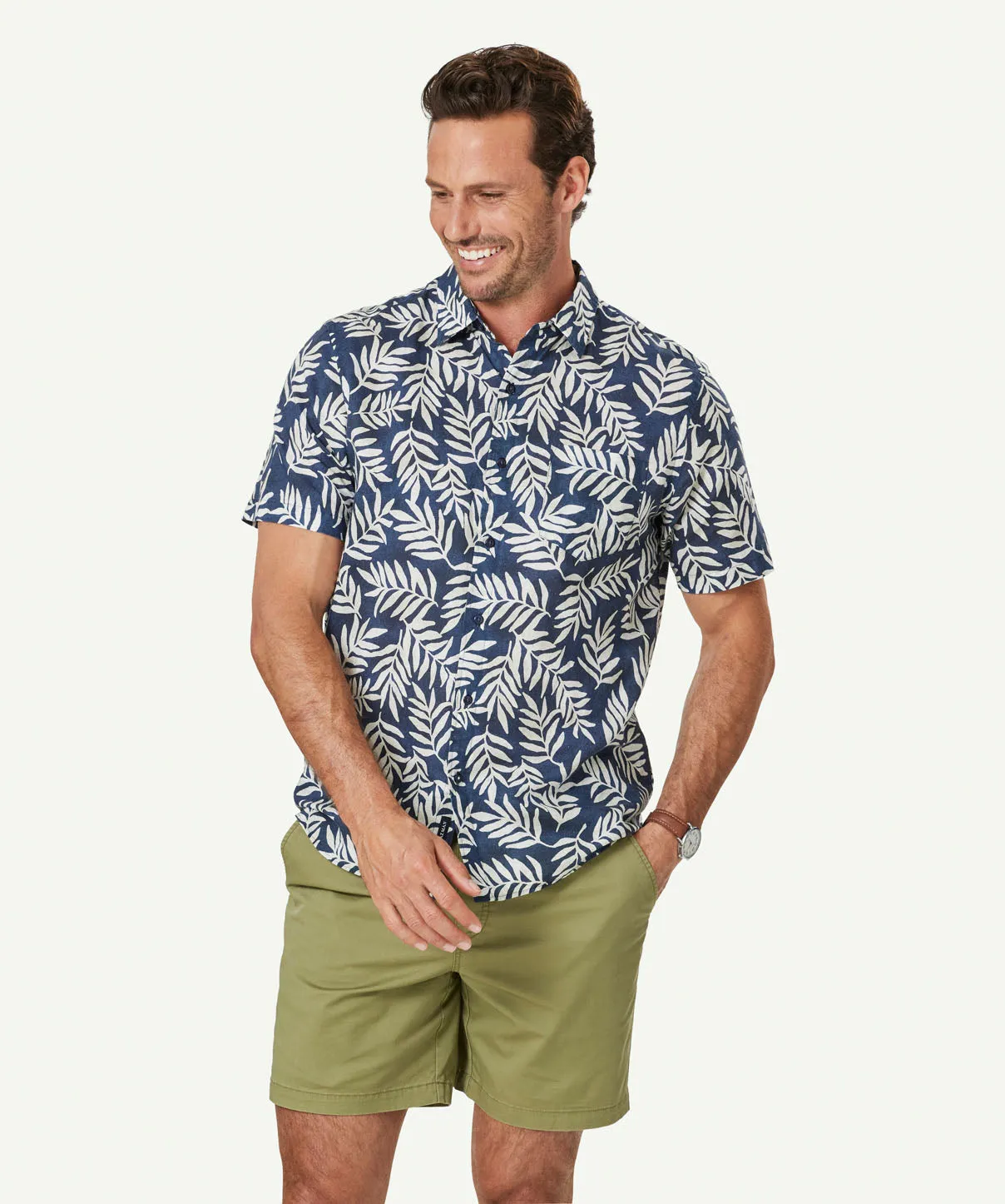 Linen Blend Leaf Print Short Sleeve Shirt - Navy sold by GAZMAN