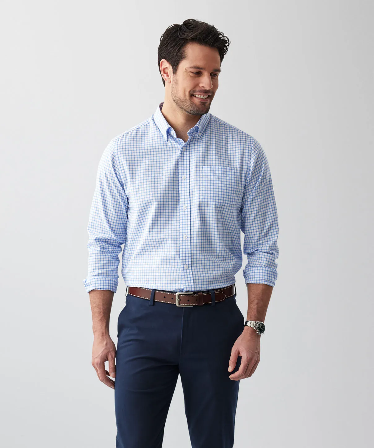 Easy Care Oxford Check Long Sleeve Shirt - Blue sold by GAZMAN