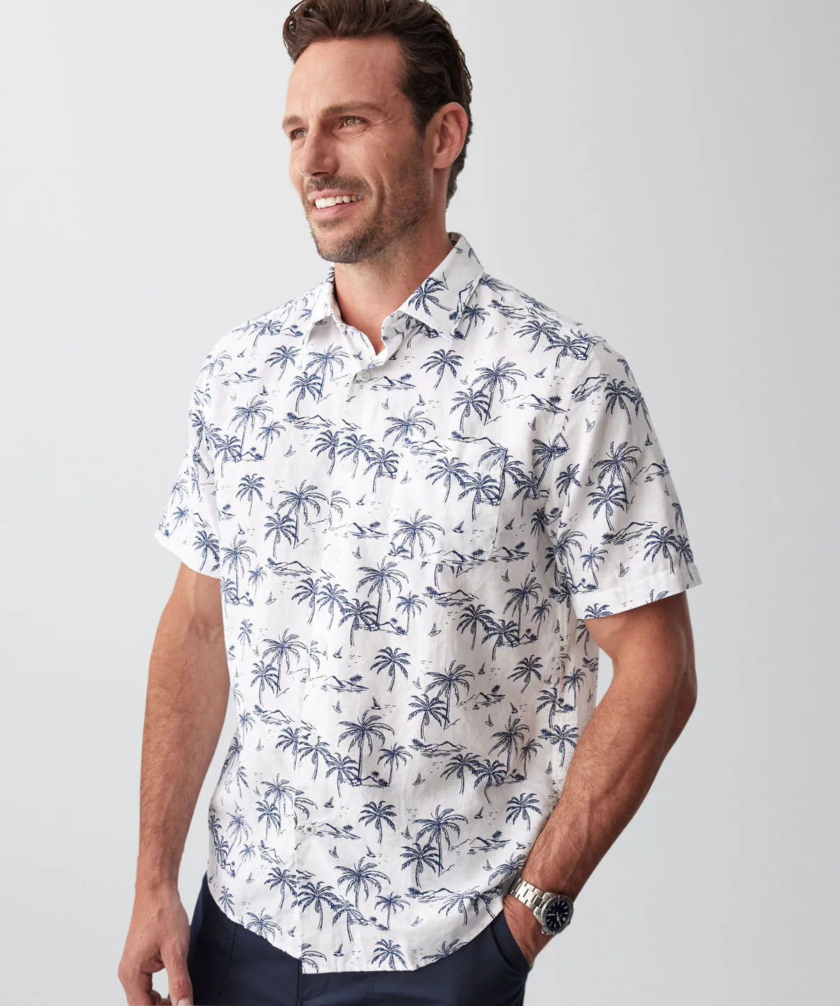 Linen Blend Island Palm Print Short Sleeve Shirt - White sold by GAZMAN product image thumbnail 4