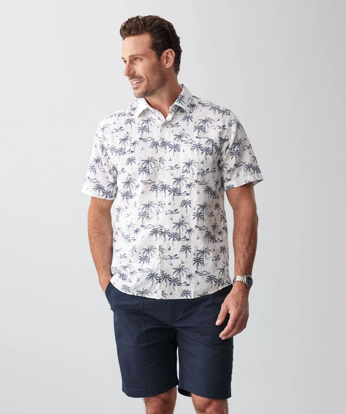 Linen Blend Island Palm Print Short Sleeve Shirt - White sold by GAZMAN