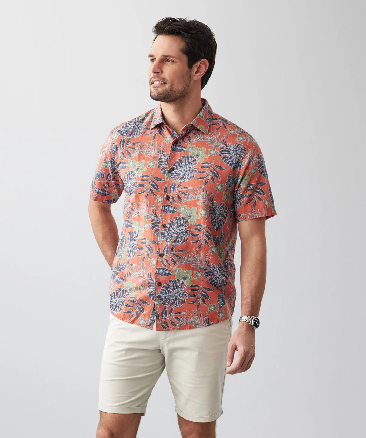 Linen Blend Large Tropical Short Sleeve Shirt - Orange sold by GAZMAN