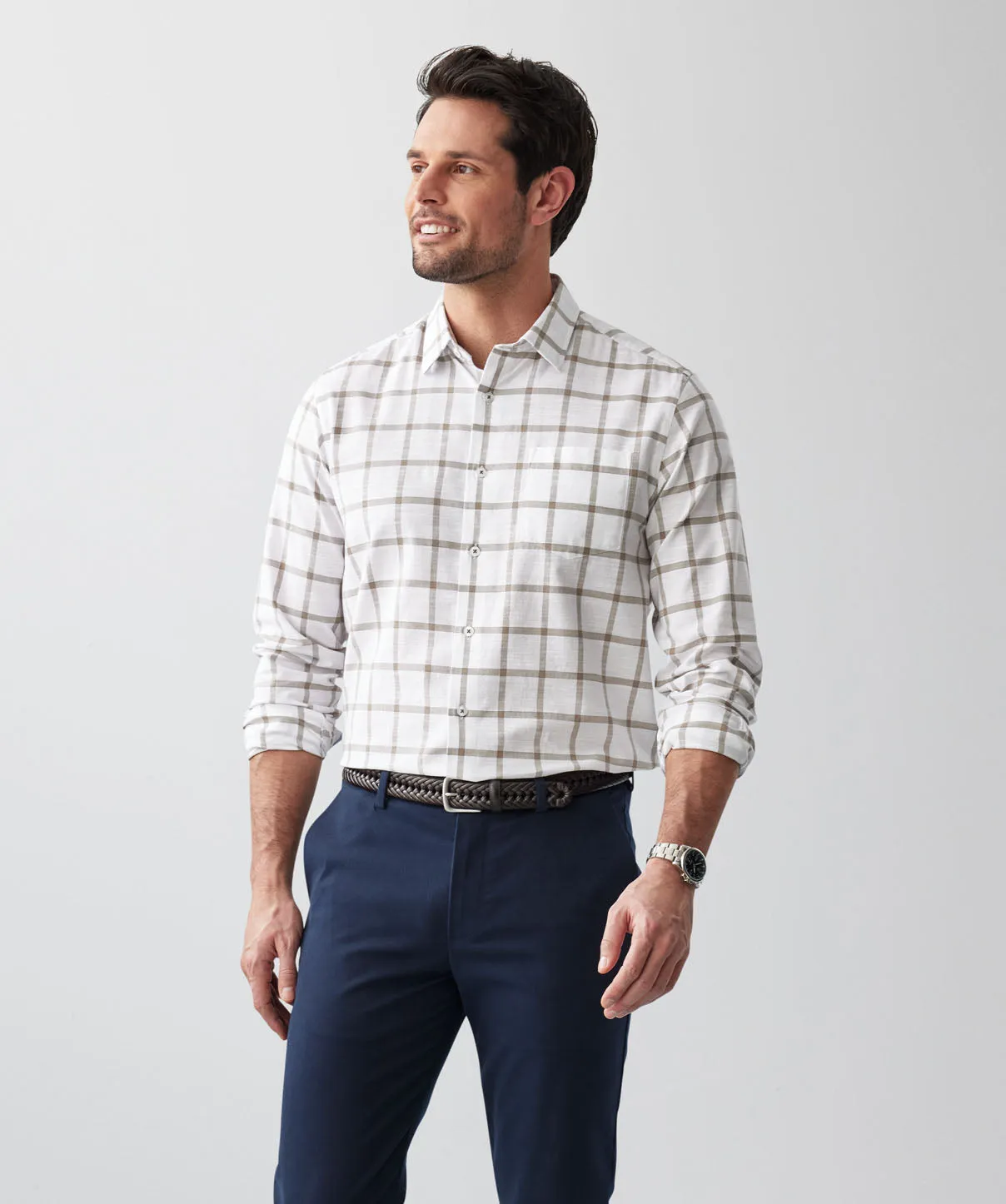 Casual Window Pane Check Long Sleeve Shirt - Sand sold by GAZMAN