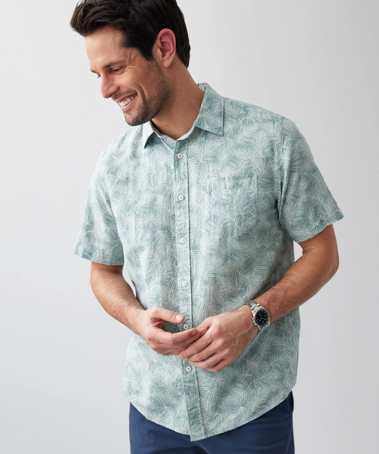 Linen Blend Leaf Print Short Sleeve Shirt - Sage sold by GAZMAN product image thumbnail 4