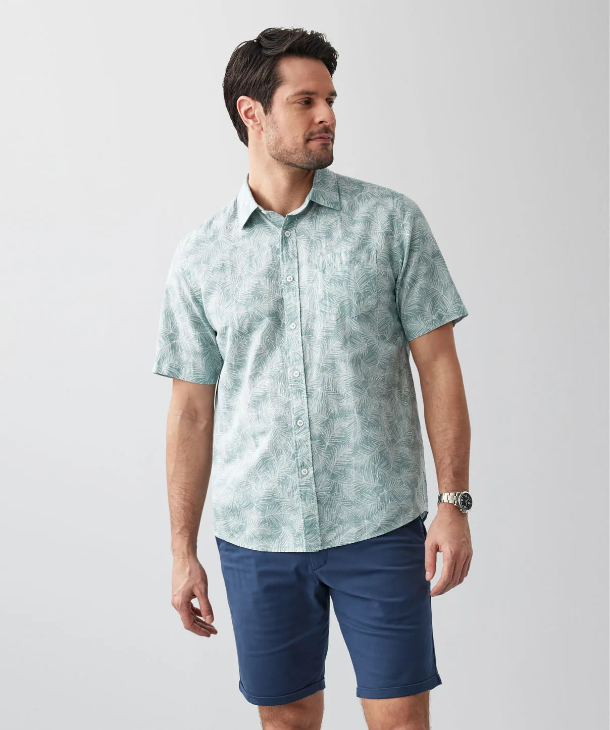 Linen Blend Leaf Print Short Sleeve Shirt - Sage sold by GAZMAN