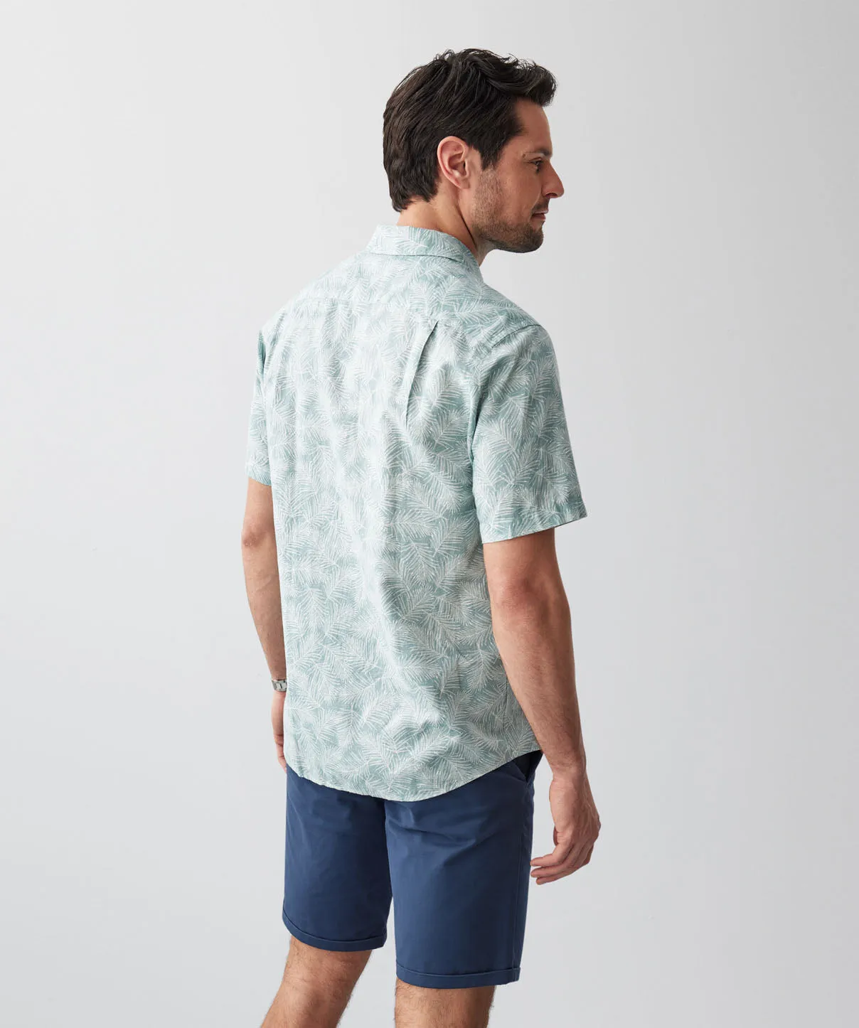 Linen Blend Leaf Print Short Sleeve Shirt - Sage sold by GAZMAN product image thumbnail 3