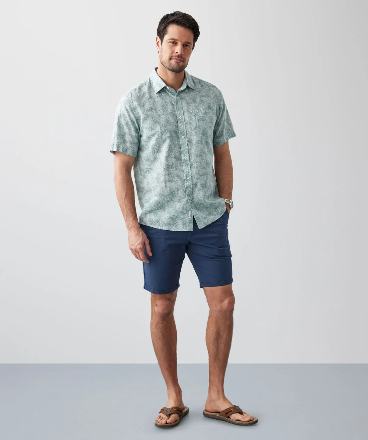 Linen Blend Leaf Print Short Sleeve Shirt - Sage sold by GAZMAN product image thumbnail 5