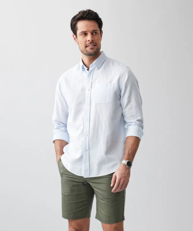 Casual Linen Blend Fine Stripe Long Sleeve Shirt - Blue sold by GAZMAN