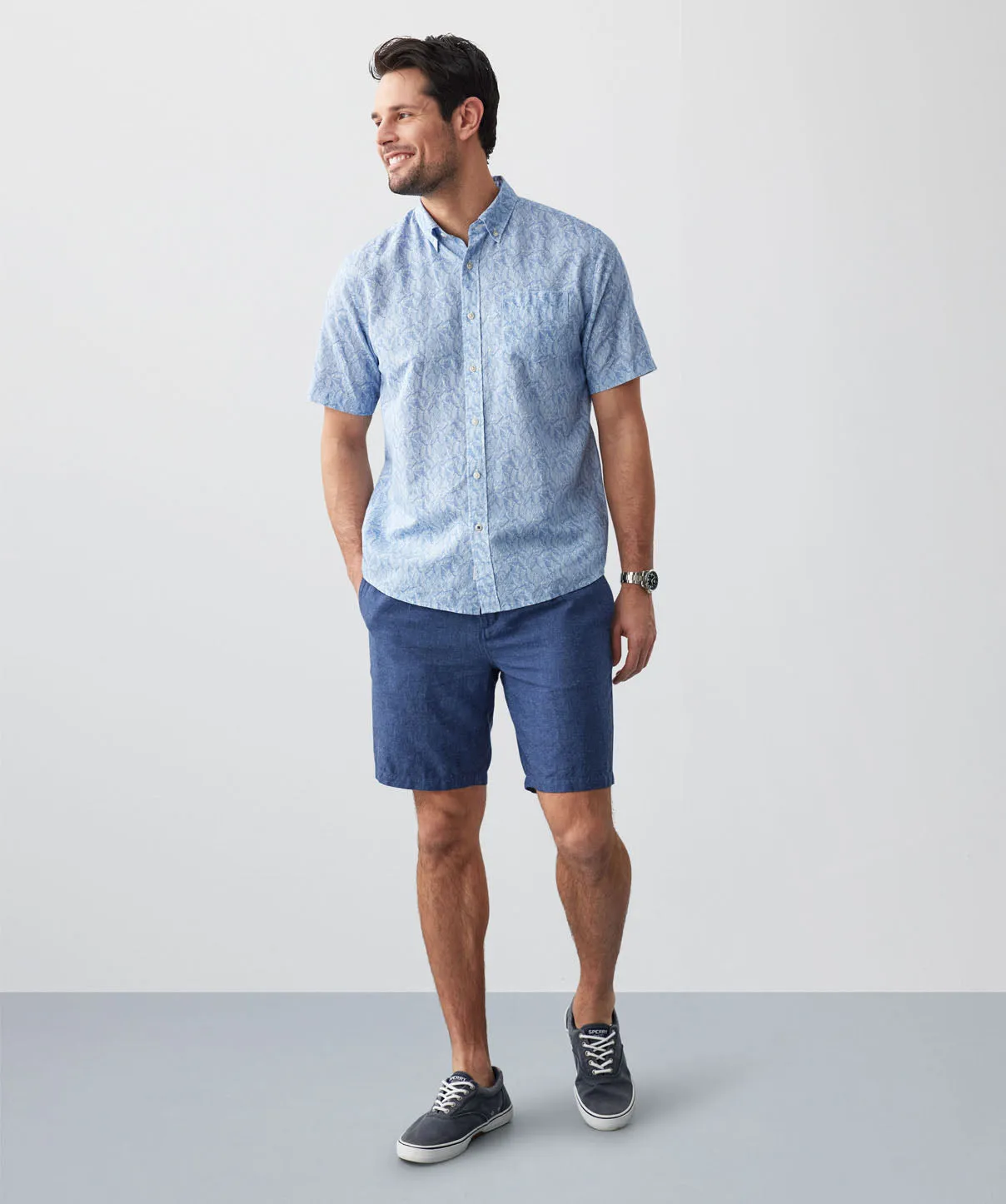 Linen Blend Leaf Print Short Sleeve Shirt - Navy sold by GAZMAN product image thumbnail 5