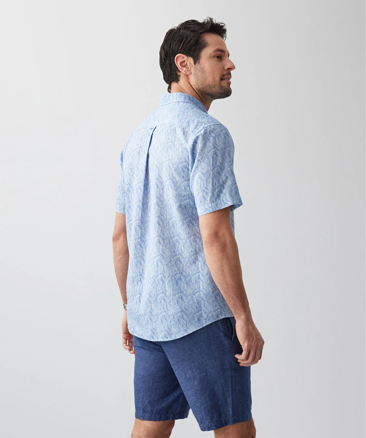 Linen Blend Leaf Print Short Sleeve Shirt - Navy sold by GAZMAN product image thumbnail 3