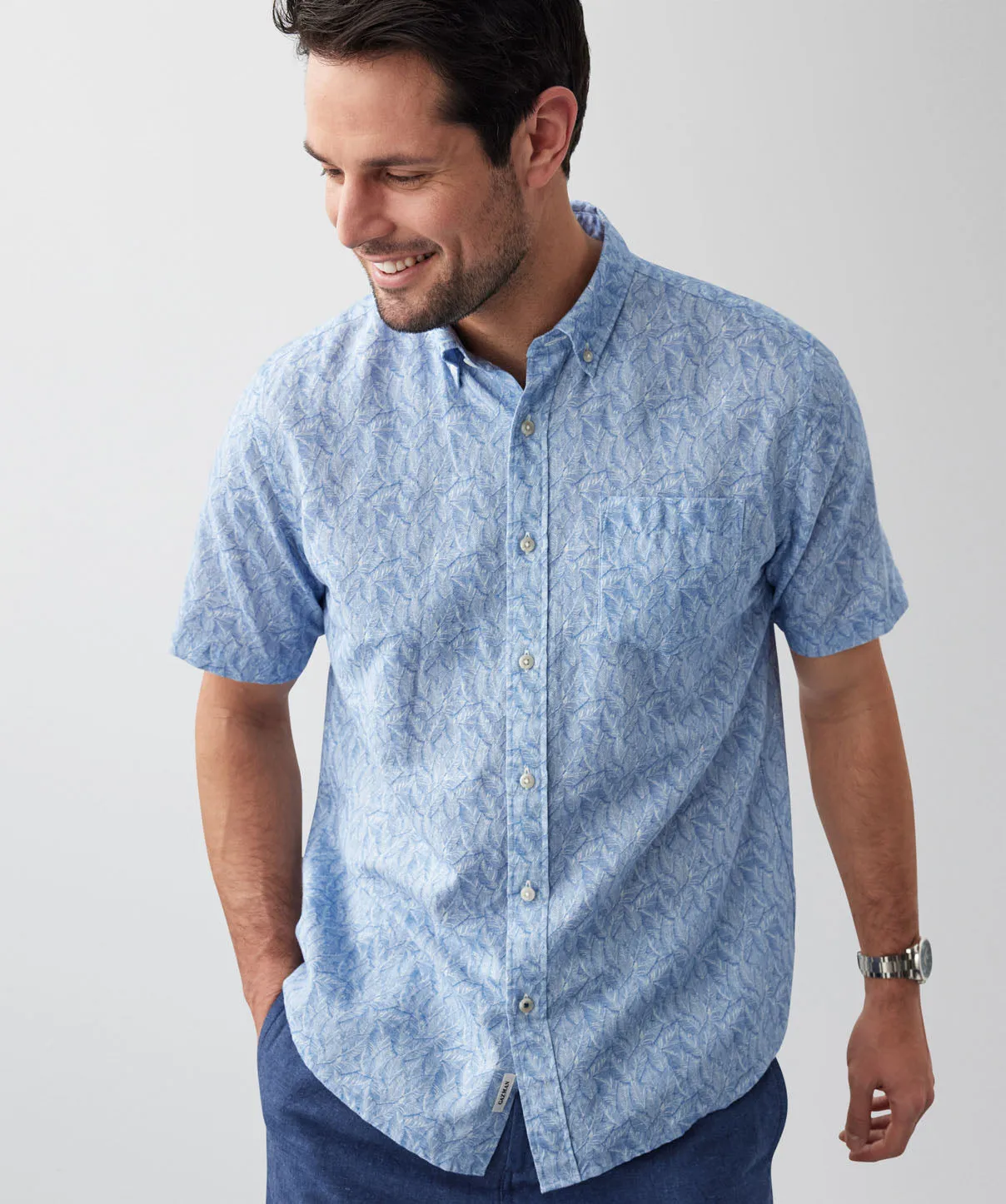 Linen Blend Leaf Print Short Sleeve Shirt - Navy sold by GAZMAN product image thumbnail 4