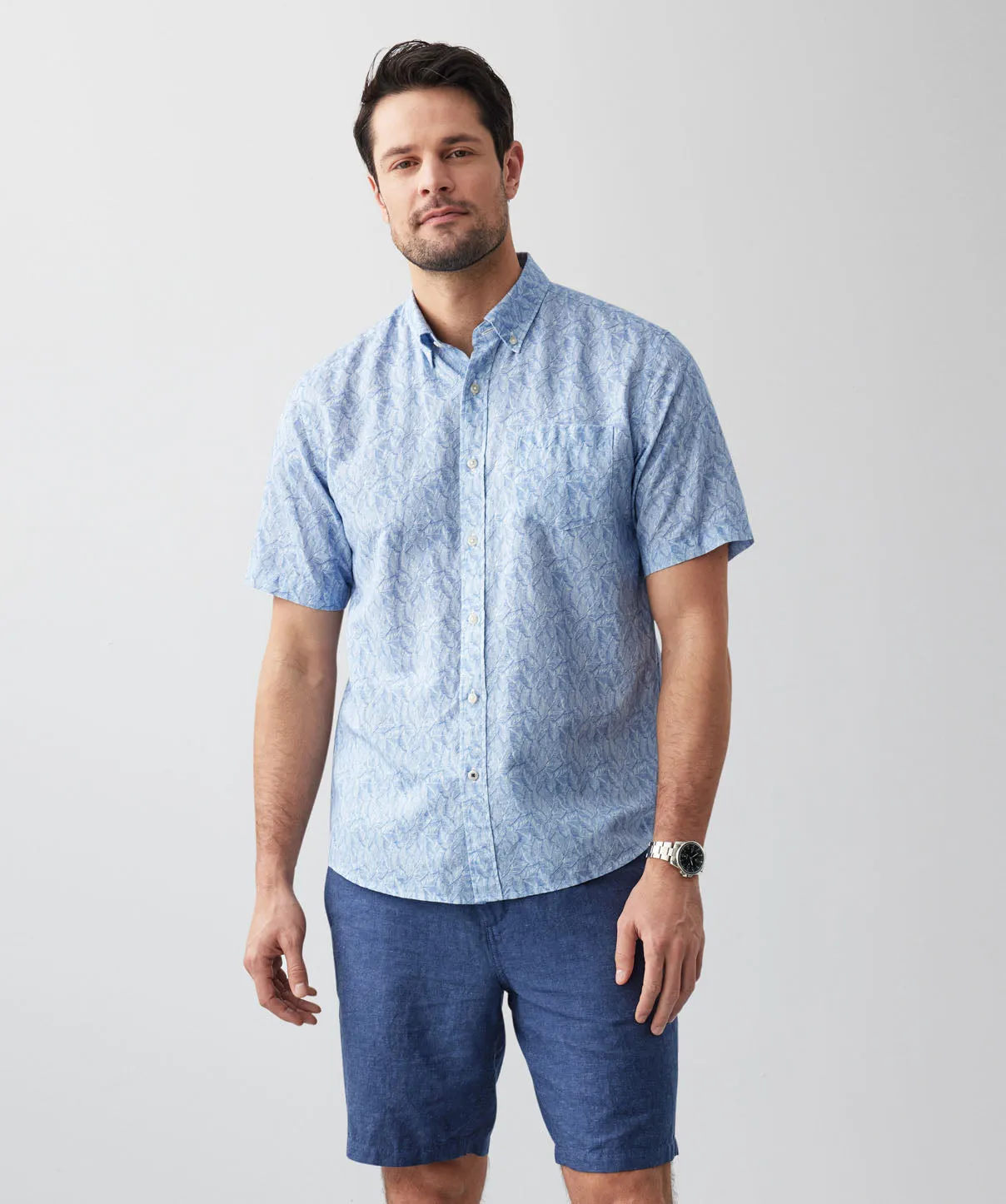 Linen Blend Leaf Print Short Sleeve Shirt - Navy sold by GAZMAN