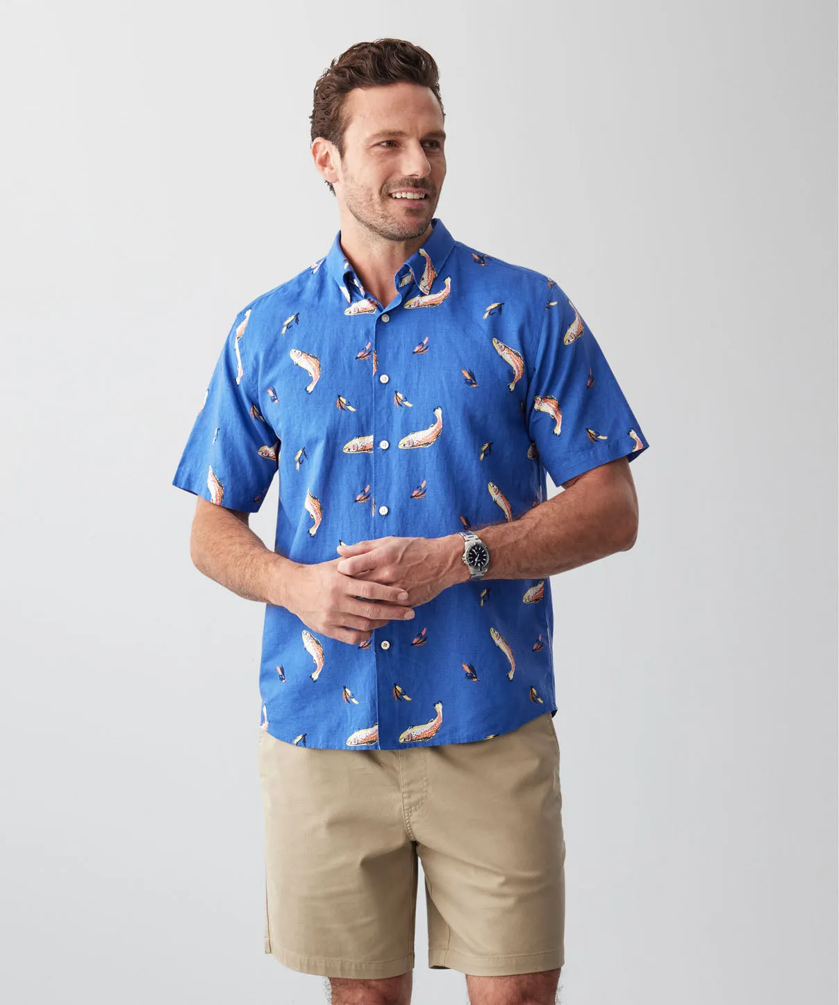 Linen Blend Fish Print Short Sleeve Shirt - Blue sold by GAZMAN