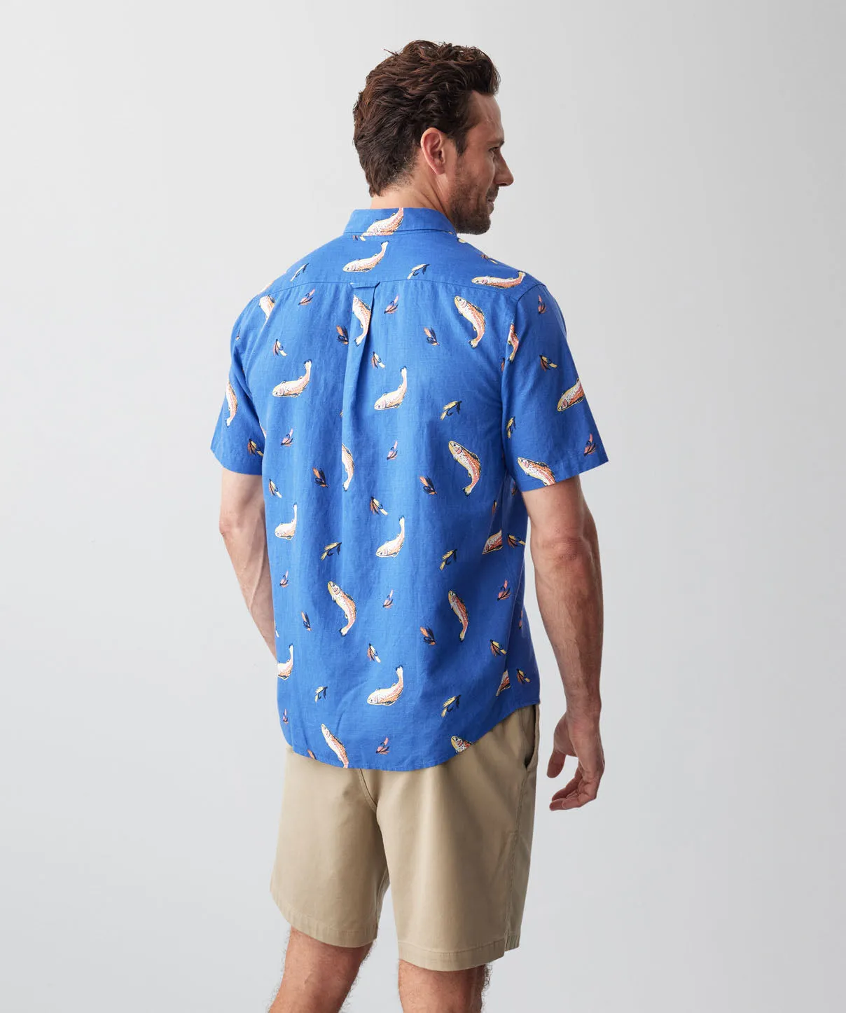 Linen Blend Fish Print Short Sleeve Shirt - Blue sold by GAZMAN product image thumbnail 3